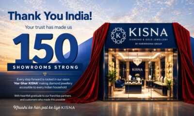KISNA jewelry storefront with red drapes, celebration text 'Thank You India' and '150 Showrooms Strong' above a lit showroom interior.