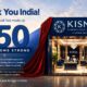 KISNA jewelry storefront with red drapes, celebration text 'Thank You India' and '150 Showrooms Strong' above a lit showroom interior.