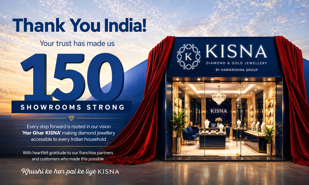 KISNA jewelry storefront with red drapes, celebration text 'Thank You India' and '150 Showrooms Strong' above a lit showroom interior.